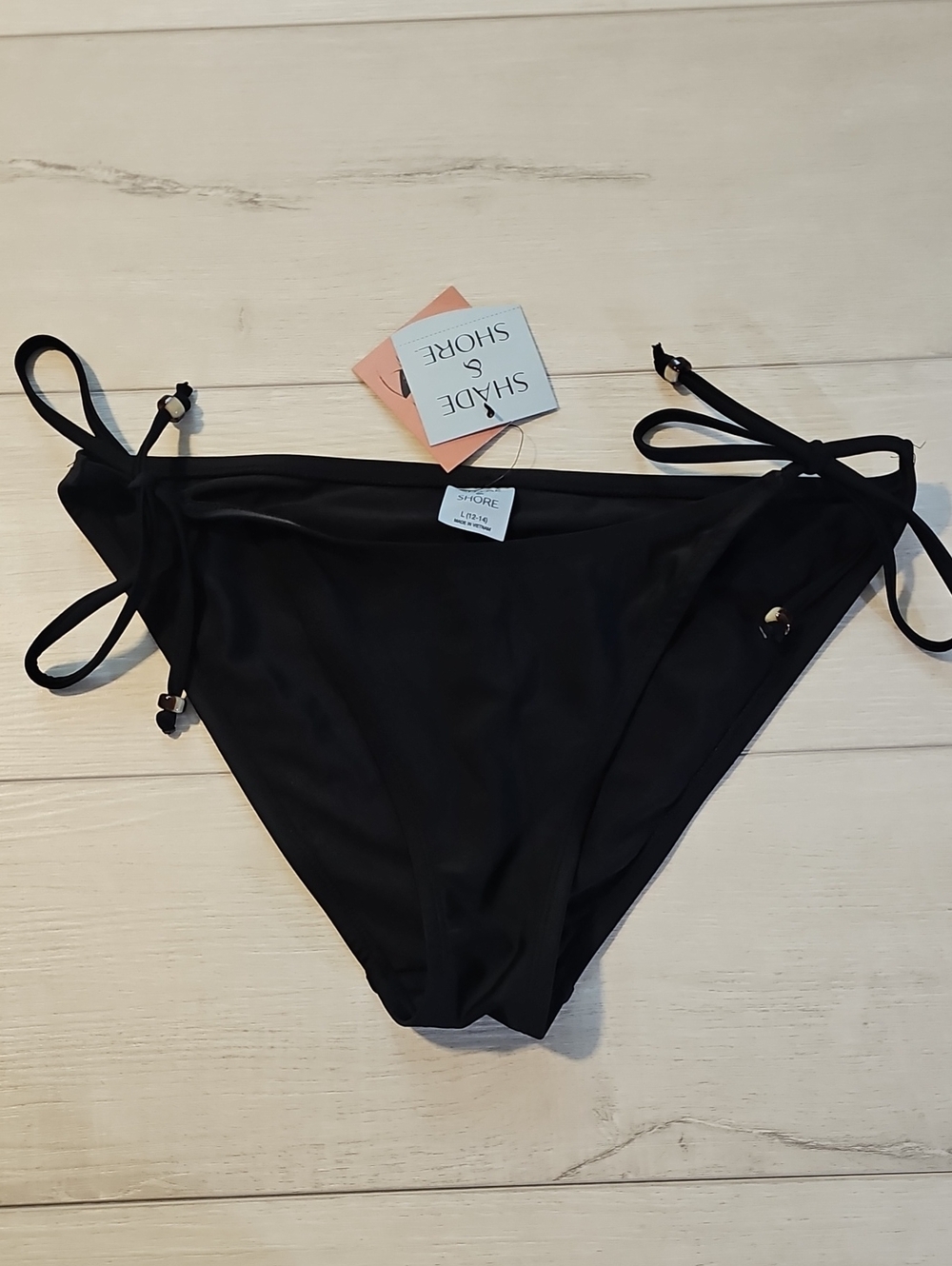 Shade & Shore Women's L Solid Black Tie-Side Bikini Bottom with Beads